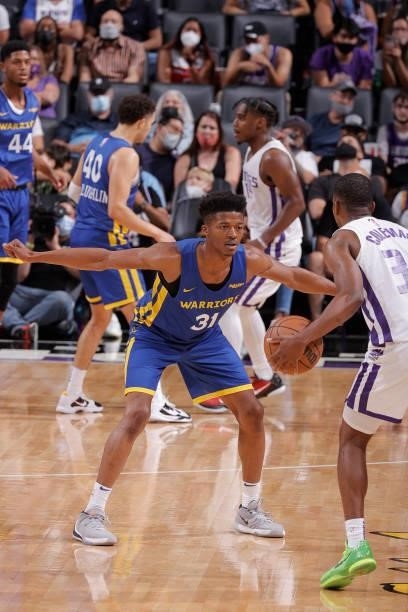 Eli Pemberton of the Golden State Warriors plays defense against the Sacramento Kings during the 2021 California Classic Summer League on August 3,...