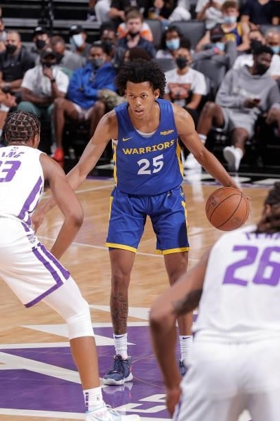 Jeff Dowtin of the Golden State Warriors handles the ball against the Sacramento Kings during the 2021 California Classic Summer League on August 3,...