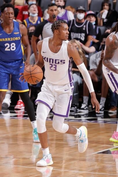 Louis King handles the ball against the Golden State Warriors during the 2021 California Classic Summer League on August 3, 2021 at Golden 1 Center...