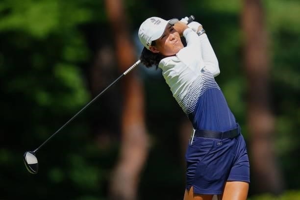 France's Celine Boutier watches her drive from the 18th tee in round 1 of the womens golf individual stroke play during the Tokyo 2020 Olympic Games...