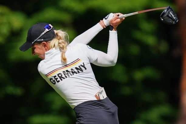 Germany's Sophia Popov tees off from the 18th tee in round 1 of the womens golf individual stroke play during the Tokyo 2020 Olympic Games at the...