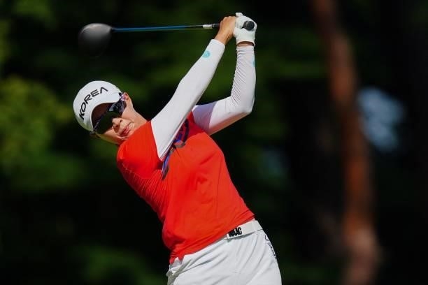 South Korea's Kim Hyojoo watches her drive from the 18th tee in round 1 of the womens golf individual stroke play during the Tokyo 2020 Olympic Games...