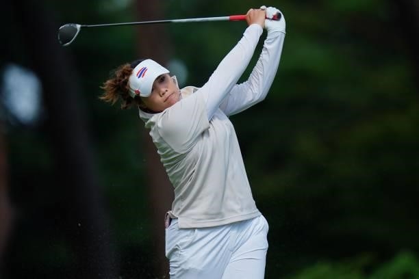 Thailand's Ariya Jutanugarn watches her drive from the 18th tee in round 1 of the womens golf individual stroke play during the Tokyo 2020 Olympic...