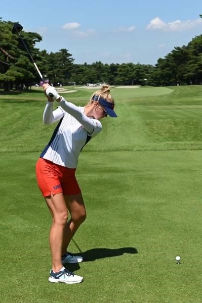 S Jessica Korda tees off from the 13th tee in round 1 of the womens golf individual stroke play during the Tokyo 2020 Olympic Games at the...