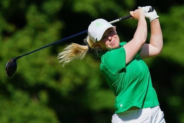 Ireland's Stephanie Meadow watches her drive from the 18th tee in round 1 of the womens golf individual stroke play during the Tokyo 2020 Olympic...