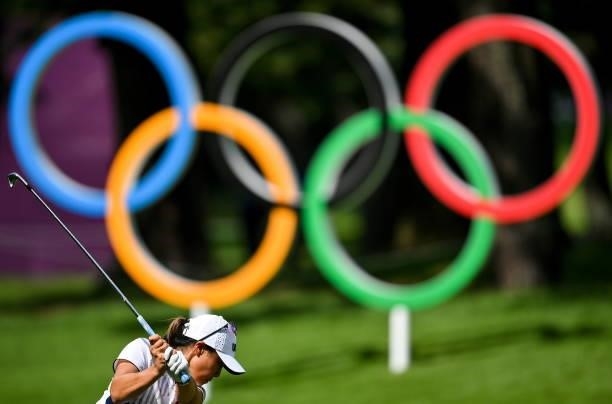 Saitama , Japan - 4 August 2021; Danielle Kang of United States plays a shot from the 16th tee box during round one of the women's individual stroke...