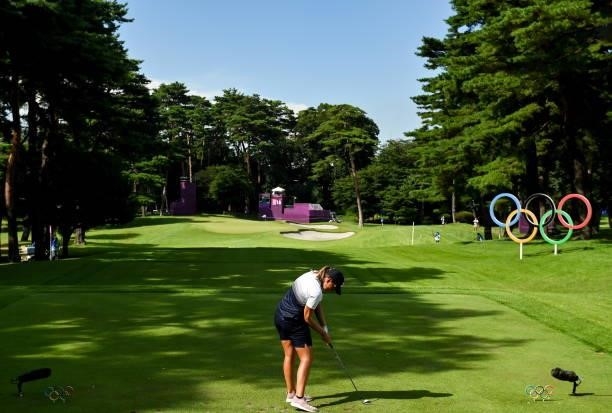 Saitama , Japan - 4 August 2021; Perrine Delacour of France tees off at the 16th tee box during round one of the women's individual stroke play at...