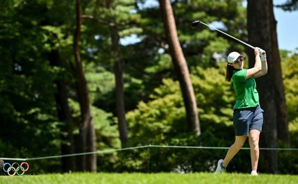 Saitama , Japan - 4 August 2021; Leona Maguire of Ireland watches her drive off the 18th tee box during round one of the women's individual stroke...