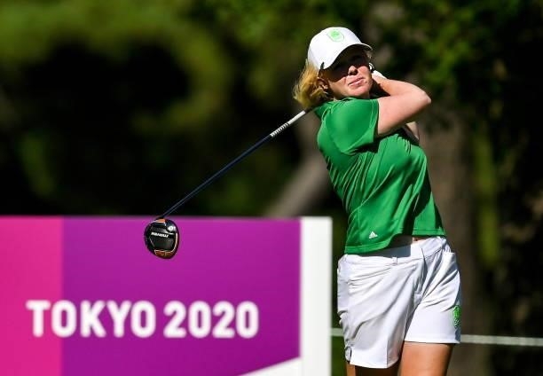 Saitama , Japan - 4 August 2021; Stephenie Meadow of Ireland watches her drive off the 18th tee box during round one of the women's individual stroke...