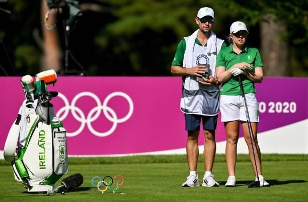 Saitama , Japan - 4 August 2021; Stephenie Meadow of Ireland with her caddie Kyle Kallan on the 15th tee box during round one of the women's...
