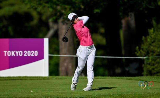 Saitama , Japan - 4 August 2021; Min Lee of Chinese Taipei watches her drive at the 18th tee box during round one of the women's individual stroke...