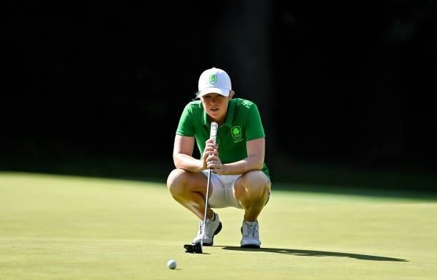 Saitama , Japan - 4 August 2021; Stephanie Meadow of Ireland lines up a putt on the 15th green during round one of the women's individual stroke play...