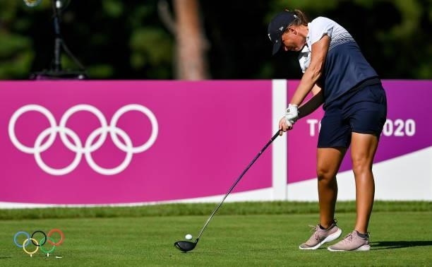 Saitama , Japan - 4 August 2021; Perrine Delacour of France drives off from the 18th tee box during round one of the women's individual stroke play...