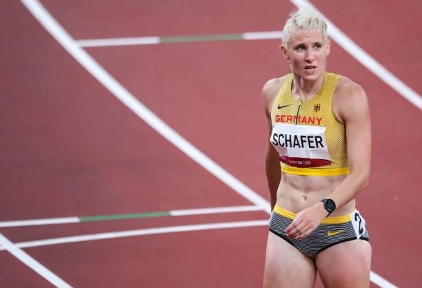 August 2021, Japan, Tokio: Athletics: Olympics, 200m, heptathlon, women, at the Olympic Stadium. Carolin Schäfer from Germany in action. Photo: Jan...