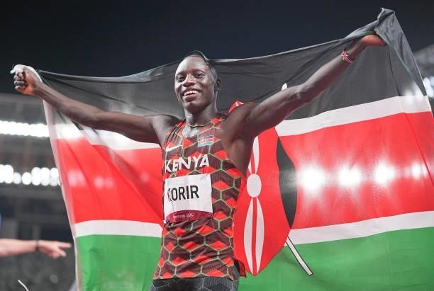 August 2021, Japan, Tokio: Athletics: Olympics, 800m, men, final, at the Olympic Stadium. Emmanuel Kipkurui Korir of Kenya celebrates gold at the...
