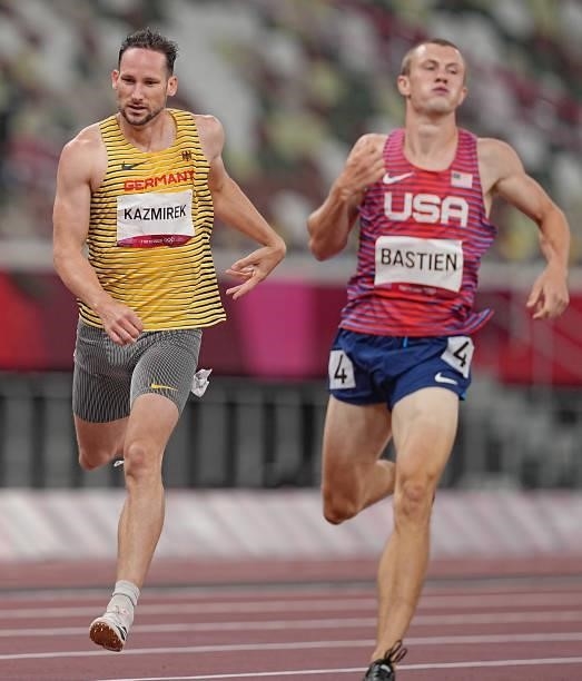 August 2021, Japan, Tokio: Athletics: Olympics, Men's 400m Decathlon, at the Olympic Stadium. Kai Kazmirek from Germany and Steven Bastien from the...