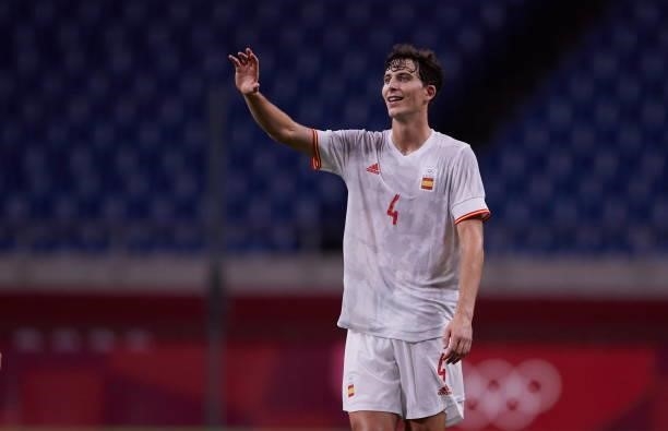 Pau Torres of Spain gestures during during the Men's Football Semi-final Match between Japan and Spain at Saitama Stadium on August 3, 2021 in...