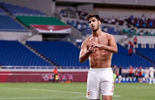 Marco Asensio of Spain celebrates after scoring his teams first goal during the Men's Football Semi-final Match between Japan and Spain at Saitama...