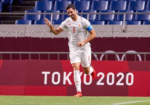 Mikel Merino of Spain gestures during the Men's Football Semi-final Match between Japan and Spain at Saitama Stadium on August 3, 2021 in Saitama,...