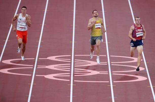 August 2021, Japan, Tokio: Athletics: Olympics, Men's 400m Decathlon, at the Olympic Stadium. Pawel Wiesiolek of Poland , Kai Kazmirek of Germany and...