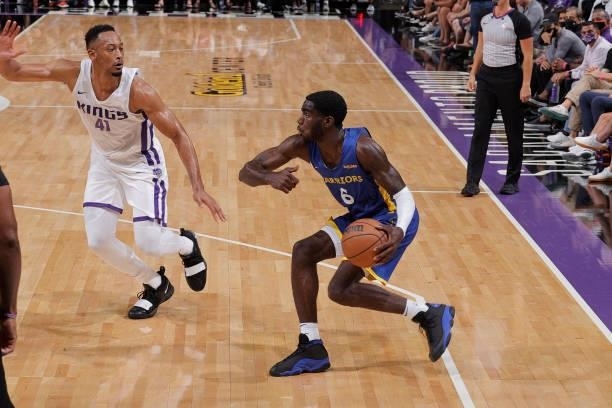 Kahlil Whitney of the Golden State Warriors handles the ball against the Sacramento Kings during the 2021 California Classic Summer League on August...