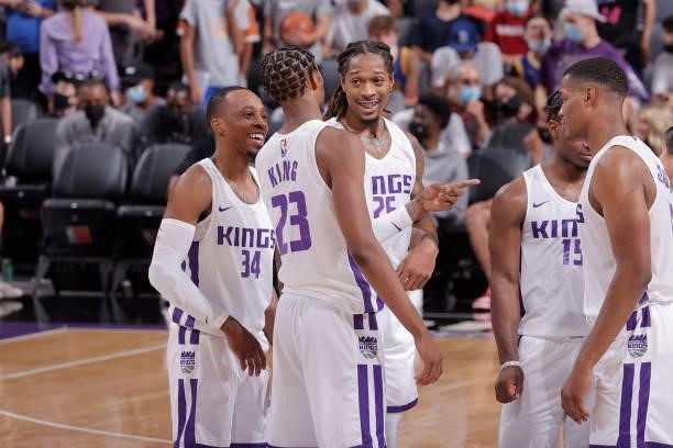 Matt Coleman and Emanuel Terry of the Sacramento Kings smile during the game against the Golden State Warriors during the 2021 California Classic...