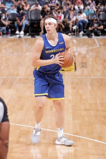 Nick Mayo of the Golden State Warriors handles the ball against the Sacramento Kings during the 2021 California Classic Summer League on August 3,...