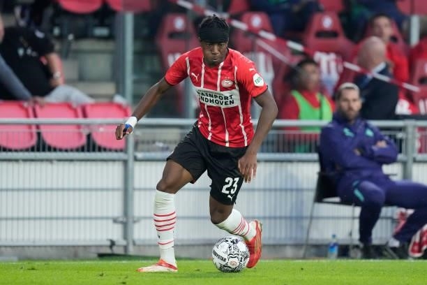 Noni Madueke of PSV during the UEFA Champions League match between PSV v FC Midtjylland at the Philips Stadium on August 3, 2021 in Eindhoven...