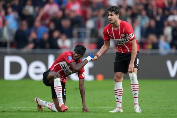 Noni Madueke of PSV, Marco van Ginkel of PSV during the UEFA Champions League match between PSV v FC Midtjylland at the Philips Stadium on August 3,...