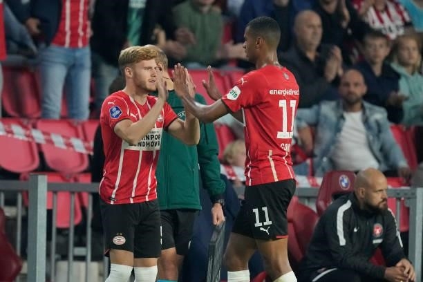 Yorbe Vertessen of PSV, Cody Gakpo of PSV during the UEFA Champions League match between PSV v FC Midtjylland at the Philips Stadium on August 3,...