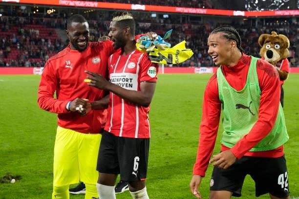 Yvon Mvogo of PSV, Ibrahim Sangare of PSV, Fode Fofana of PSV during the UEFA Champions League match between PSV v FC Midtjylland at the Philips...