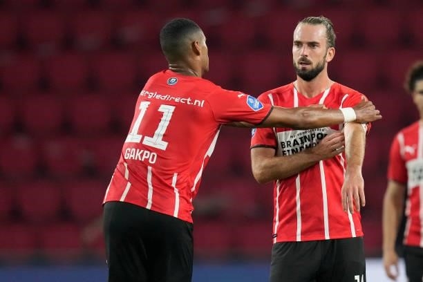 Cody Gakpo of PSV, Davy Propper of PSV during the UEFA Champions League match between PSV v FC Midtjylland at the Philips Stadium on August 3, 2021...