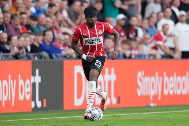 Noni Madueke of PSV during the UEFA Champions League match between PSV v FC Midtjylland at the Philips Stadium on August 3, 2021 in Eindhoven...