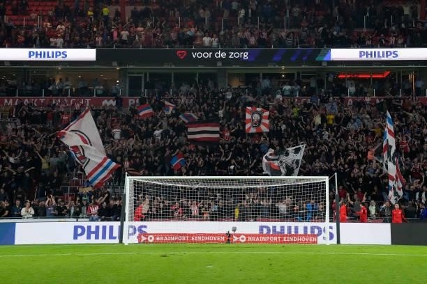 Supporters of PSV during the UEFA Champions League match between PSV v FC Midtjylland at the Philips Stadium on August 3, 2021 in Eindhoven...