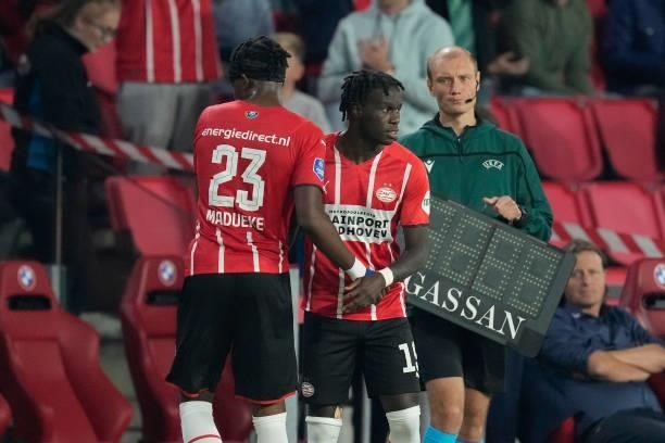 Noni Madueke of PSV, Bruma of PSV during the UEFA Champions League match between PSV v FC Midtjylland at the Philips Stadium on August 3, 2021 in...