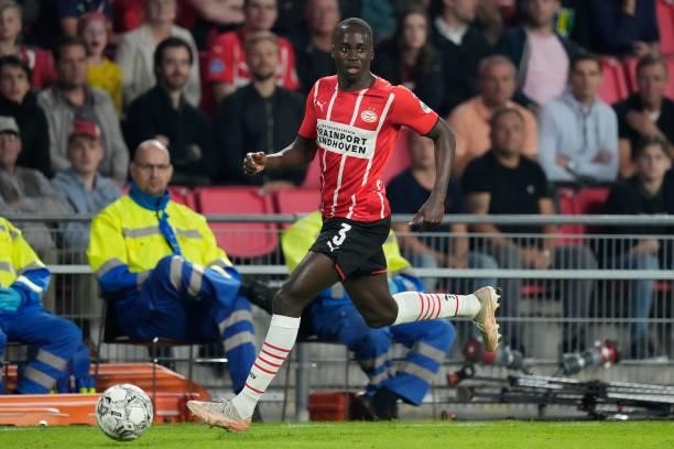 Jordan Teze of PSV during the UEFA Champions League match between PSV v FC Midtjylland at the Philips Stadium on August 3, 2021 in Eindhoven...
