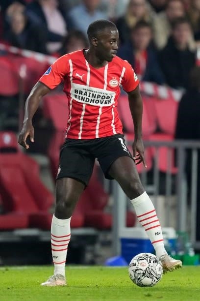 Jordan Teze of PSV during the UEFA Champions League match between PSV v FC Midtjylland at the Philips Stadium on August 3, 2021 in Eindhoven...