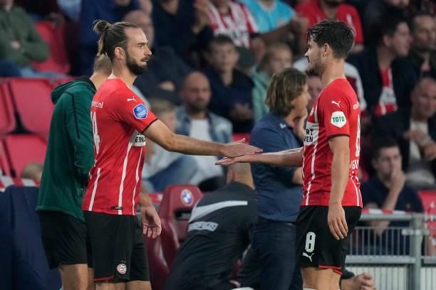 Davy Propper of PSV, Marco van Ginkel of PSV during the UEFA Champions League match between PSV v FC Midtjylland at the Philips Stadium on August 3,...