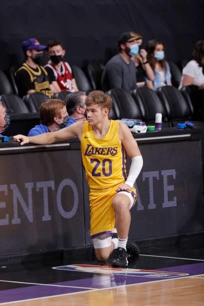 Mac McClung of the Los Angeles Lakers looks on against the Miami Heat during the 2021 California Classic Summer League on August 3, 2021 at Golden 1...