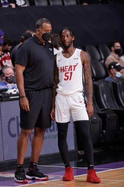 Marcus Garrett of the Miami Heat looks on against the Los Angeles Lakers during the 2021 California Classic Summer League on August 3, 2021 at Golden...
