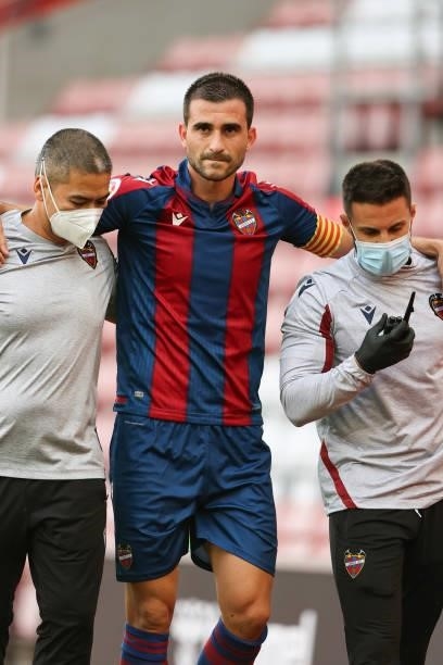 Sergio Postigo of Levante suffers an injury during the pre-season friendly between Southampton and Levante at St Mary's Stadium on August 4, 2021 in...