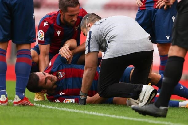 Sergio Postigo of Levante suffers an injury during the pre-season friendly between Southampton and Levante at St Mary's Stadium on August 4, 2021 in...