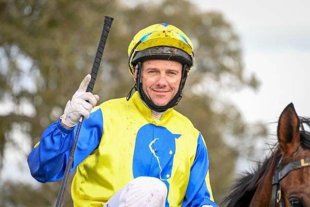Brett Prebble returns to scale after winning the Thank You & Farewell Frank Beattie BM70 Hcp at Coleraine Racecourse on August 05, 2021 in Coleraine,...