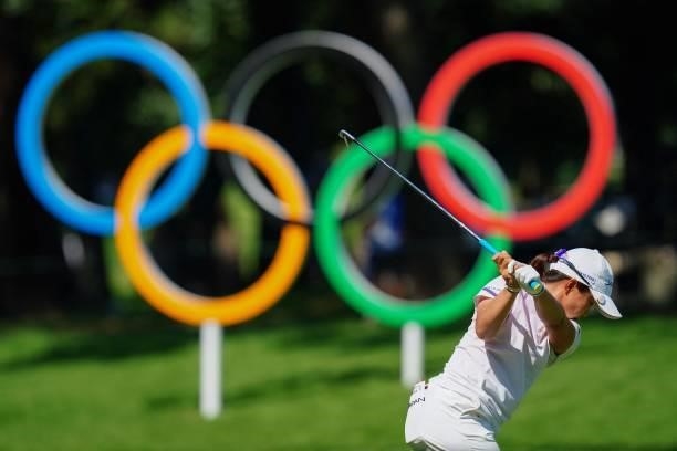 Japan's Nasa Hataoka tees off from the 16th tee in round 2 of the womens golf individual stroke play during the Tokyo 2020 Olympic Games at the...
