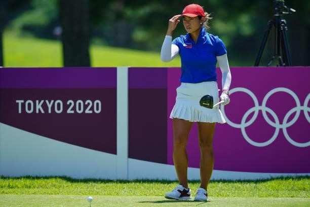 Philippines' Bianca Pagdanganan prepares to tee off from the 11th tee in round 2 of the womens golf individual stroke play during the Tokyo 2020...