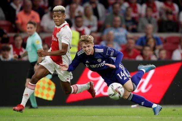 David Neres of Ajax, Liam McCarron of Leeds United during the Club Friendly match between Ajax v Leeds United at the Johan Cruijff Arena on August 4,...
