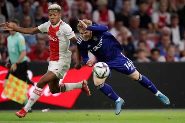 David Neres of Ajax, Liam McCarron of Leeds United during the Club Friendly match between Ajax v Leeds United at the Johan Cruijff Arena on August 4,...