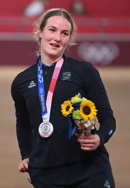 Silver medallist New Zealand's Ellesse Andrews poses with her medal on the podium after the women's track cycling keirin final during the Tokyo 2020...