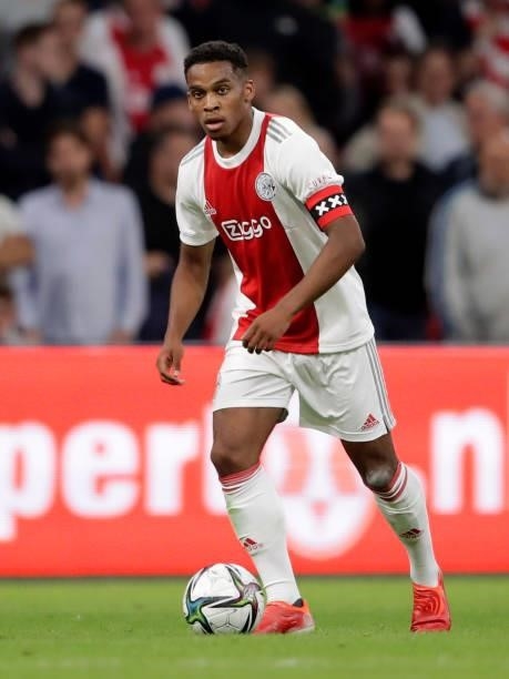 Jurrien Timber of Ajax during the Club Friendly match between Ajax v Leeds United at the Johan Cruijff Arena on August 4, 2021 in Amsterdam...