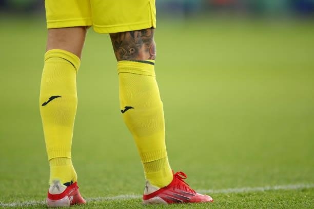 Tattoos on the knee off Alberto Moreno of Villarreal CF during the Pre Season Friendly fixture between Leicester City and Villarreal at The King...